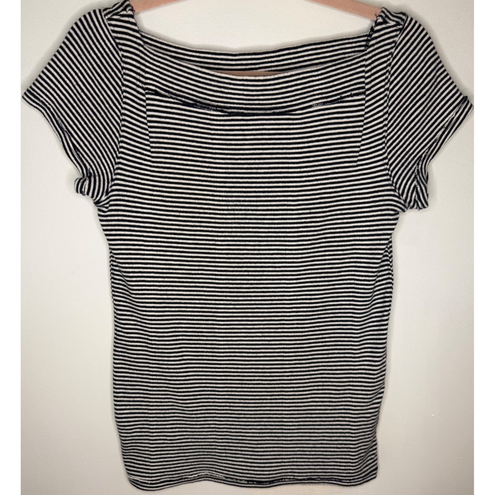 We The Free Free People Striped Boat Neck Cap Sleeve T-Shirt black White Large